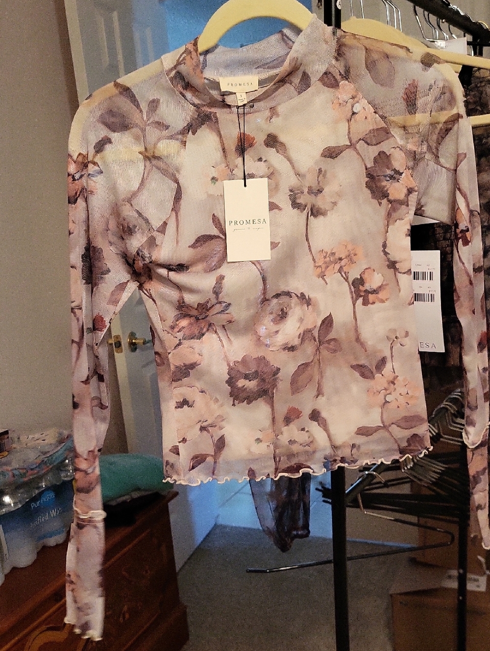 Promesa Sheer Floral Long Sleeve Top in Beige  and Pink PTP 17" X Length 19